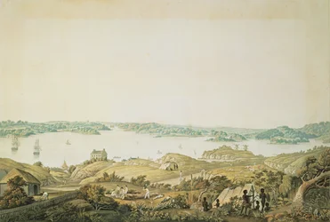 Teil des Hafens von Port Jackson und das Land zwischen Sydney und den Blue Mountains, New South Wales, rechter Abschnitt einer Panoramansicht, ca. 1821